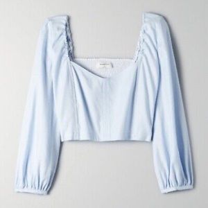 Aritzia Babaton Hadwyn Cropped Puff Sleeve Linen Blend Blouse Sky Blue